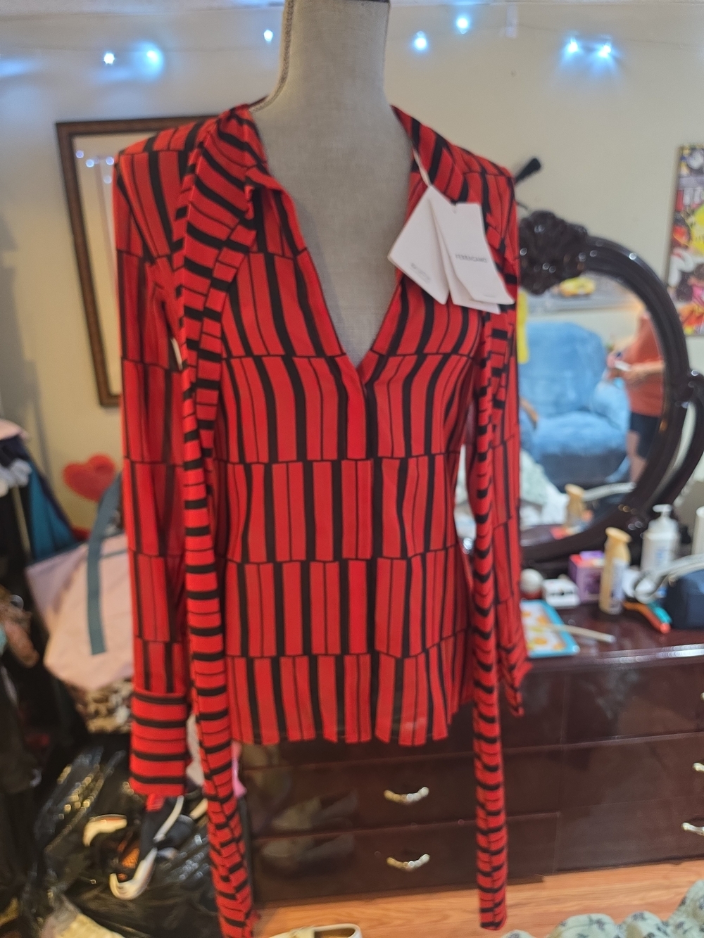 NWT FERRAGAMO SALVATOR Red and Black Striped V-Neck Long Sleeve Top